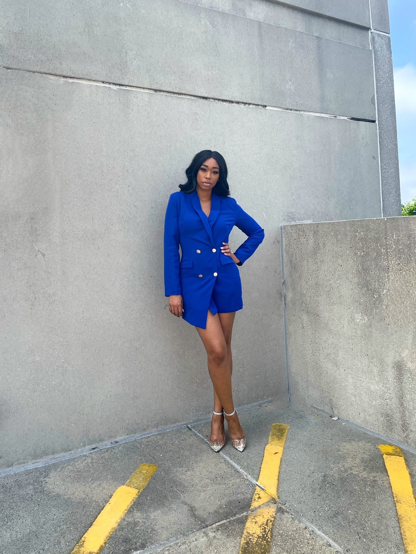 Chimere Nicole wearing  Navy gold blazer dress from prettylittlething