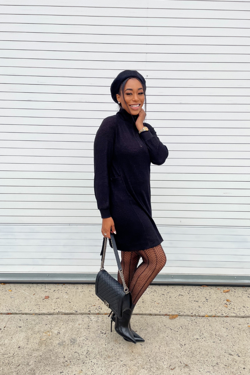 Cabi Black cuddle dress worn by fashion blogger Chimere Nicole